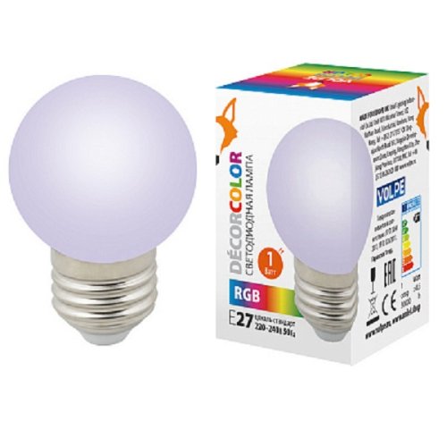 Лампа светодиодная Volpe G45 Шар Е27 220В 1Вт RGB 45х82мм картинка 